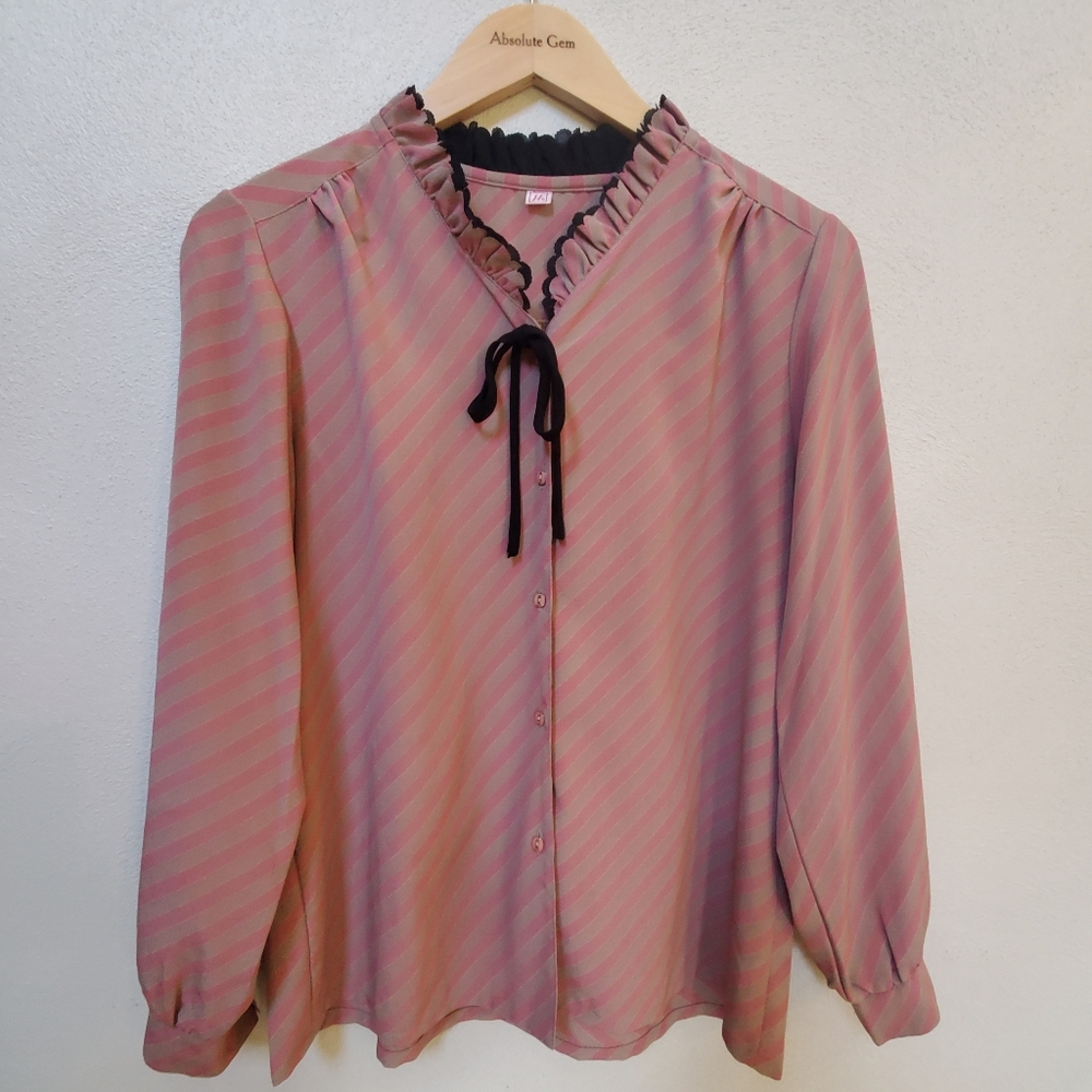 Vintage pink and tan button-up striped blouse shirt with black trim on collar -M